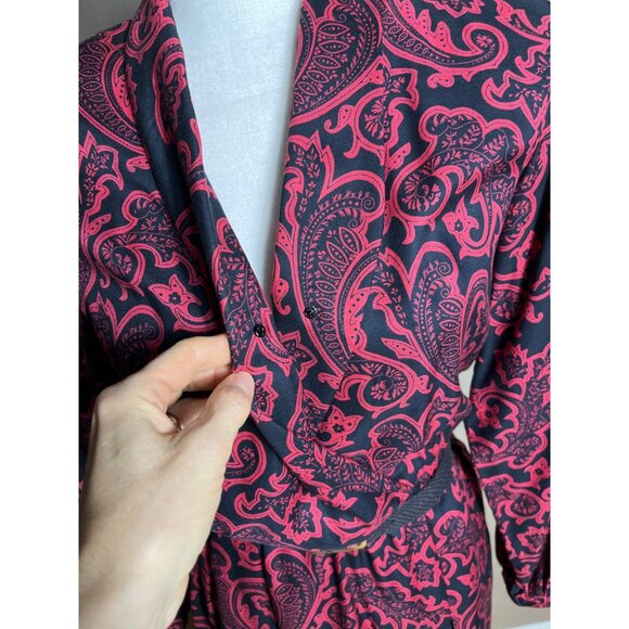 Liz Claiborne Dress Red Black Paisley Vtg 80s Career Midi Leather Belt Womens M - Picture 6 of 12
